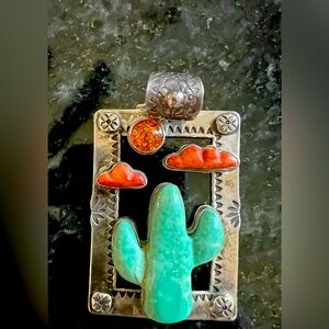 Southwestern Cactus Pendant with Turquoise and Red Accents